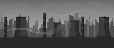 City skyline showing industrial buildings in a monochrome urban setting with various silhouettes.のイラスト素材