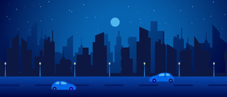 City panorama shows a night skyline with building silhouettes. vehicles drive under stars and the moon.のイラスト素材