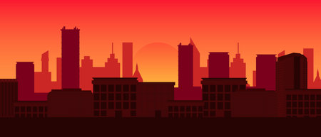 City skyline silhouette at sunset shows impressive buildings, creating an urban panoramic scene.のイラスト素材