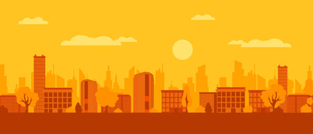 Panorama of a vibrant city showing skyscrapers and trees during the day with a sunny sky.のイラスト素材