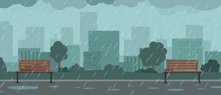 City panorama with rain, benches, and tree silhouettes. overcast clouds above urban building outlines.のイラスト素材