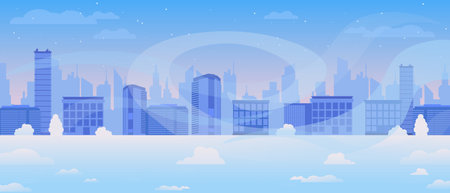 City panorama showing stylized urban skyline with modern buildings silhouetted in blue shades.のイラスト素材