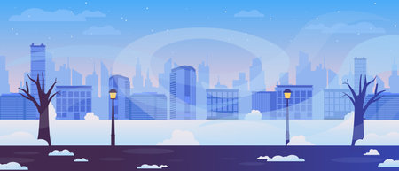 City panorama showing a winter skyline with buildings and bare trees, covered in snow.のイラスト素材