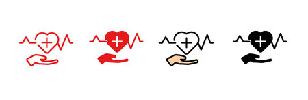 Icons of hands holding heart symbols with health signs. includes outline and filled designs.のイラスト素材