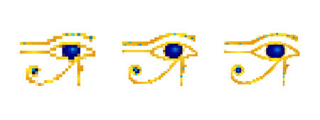 Three distinct mosaic eye designs capture ancient imagery. they are pixelated, featuring gold and blue tones.のイラスト素材