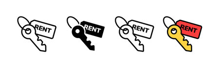 Icon shows a key with a rent tag in various styles, emphasizing rental concept. simple and modern.のイラスト素材