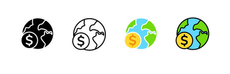 Icon displays various designs of global money exchange, highlighting different styles of currency.のイラスト素材