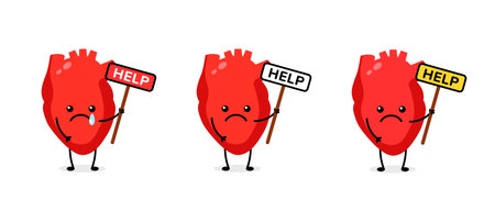 Heart showing sadness while holding signs carrying messages for help. each sign is distinct.のイラスト素材