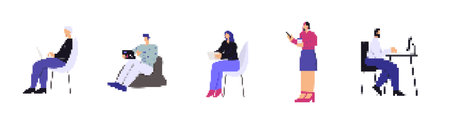Icon set in pixel style showing people using laptops, tablets, standing, and sitting at desks.のイラスト素材