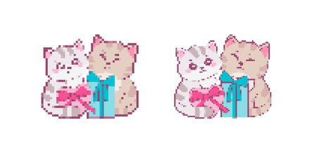 Adorable pixel art of two kittens with gift boxes and bows in soft pastel tones, perfect for Valentineâs Day, birthdays, or romantic themes.のイラスト素材