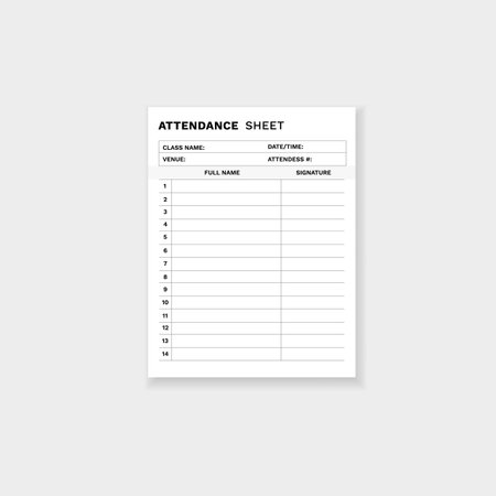 Form for tracking class attendance with spaces for student names and signatures, ensuring efficient record.のイラスト素材