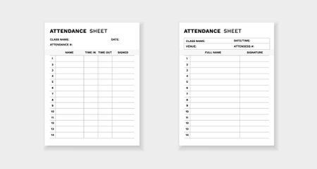 Attendance sheet form template with spaces for names, signatures, and time to track student presence.のイラスト素材