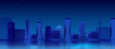 City panorama features a nighttime skyline with modern skyscrapers reflected on the water.のイラスト素材