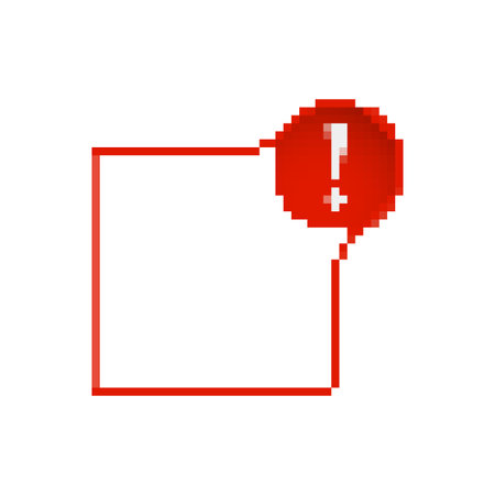 Retro pixel alert icon with exclamation mark in red. ideal for signaling attention in games.のイラスト素材