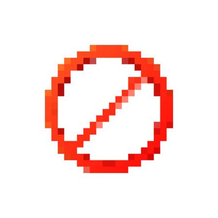 Red circle with a diagonal line in pixel art style symbolizing a warning or prohibition.のイラスト素材