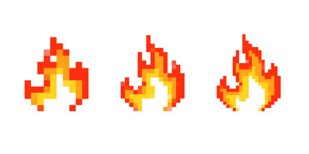 Pixel art images showing vibrant fire with classic 8 bit style evoke nostalgia and express warmth.のイラスト素材