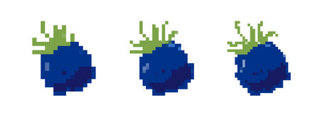 Three pixel art blueberries with green tops, designed in a retro 8 bit style for a nostalgic look.のイラスト素材