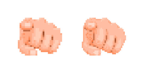 Expressive pixelated hand icons showcase retro 8-bit style with detailed mosaic design elements.のイラスト素材