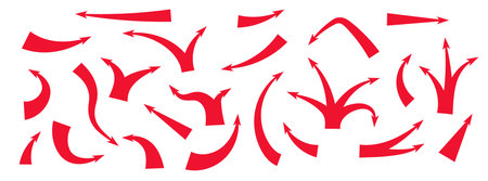 Bold red arrows illustrate attack movements and strategies. curved shapes create dynamic action effects.のイラスト素材