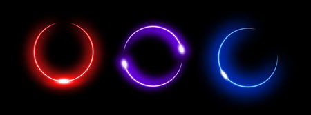 Vibrant neon circles feature a bright glow and dynamic lighting, ideal for futuristic designs.のイラスト素材