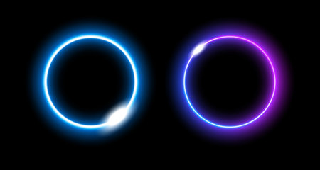 Two neon circles glow with bright blue and purple lights, reflecting energy in a modern tech style.のイラスト素材