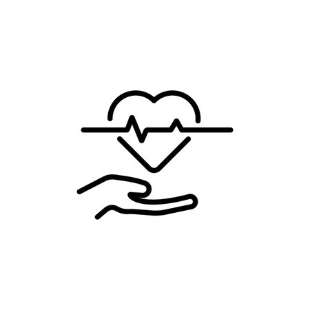 Icon of a hand holding a heart symbol with a heartbeat line on top, representing wellness and care.のイラスト素材