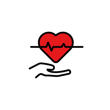 Icon with a red heart and helping hand, representing health, care, support, and wellness.のイラスト素材