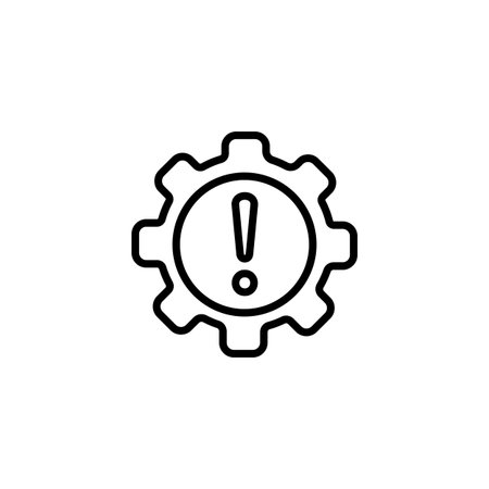 Outline icon of a gear with an exclamation mark, symbolizing alert, warning, or caution.のイラスト素材