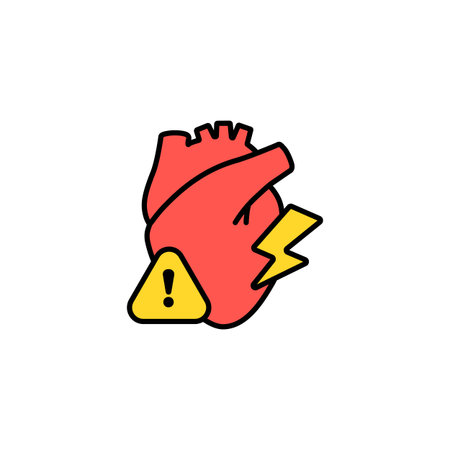 Red anatomical heart with warning icon and lightning, showing health concerns in simple design.のイラスト素材