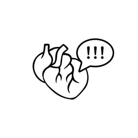 Anatomical heart alongside speech bubble with exclamations, expressing urgency and alertness.のイラスト素材