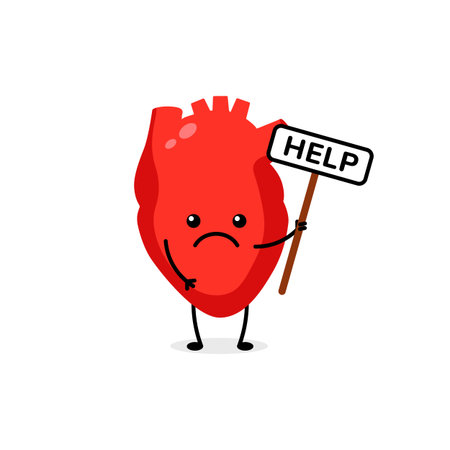 Heart character holding help sign, showing sad expression, symbolizes need for care and support.のイラスト素材