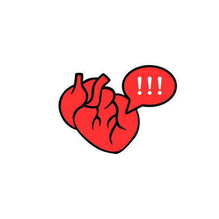 Red anatomical heart with an alert symbol, highlighting a medical warning in bold cartoon style.のイラスト素材