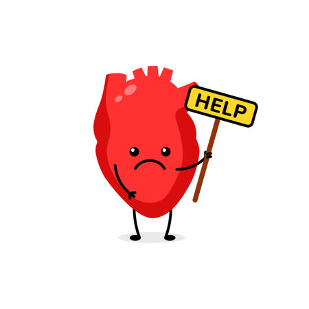 Heart figure shows emotion with a sad face and help sign, conveying a strong message.のイラスト素材