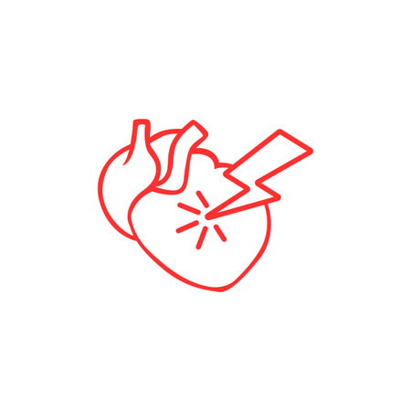 Red line art heart icon with lightning bolt, symbolizing energy, power, or cardiovascular health.のイラスト素材