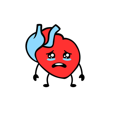 A heart cartoon with a sad expression, featuring tears and anatomical elements in blue and red.のイラスト素材