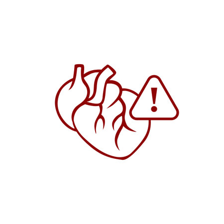 Anatomical heart icon with a warning sign. symbolizes a health alert or medical emergency.のイラスト素材