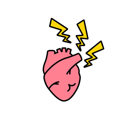 Heart with yellow lightning bolts shows emotional shock or energy surge, creating a vivid expression.のイラスト素材