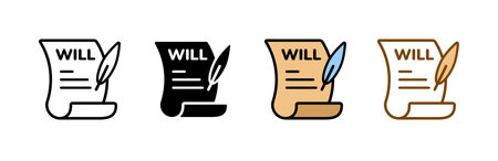 Icon set showing will documents with feather pens. it includes color and outline variations.のイラスト素材