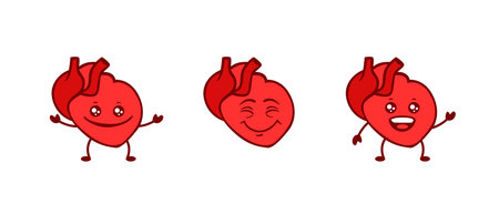 Hearts with playful expressions include smiling, winking, and exuberant faces, reflecting joyful energy.のイラスト素材