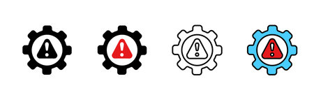 Icon collection showing warning gears. features color, outline, and filled alert variations.のイラスト素材