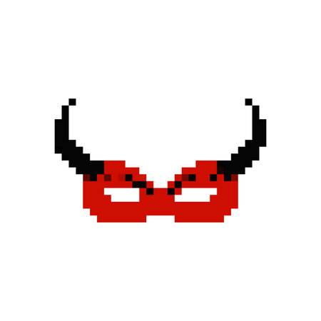 A mosaic pixel mask features red design with black devil horns in a retro game style.のイラスト素材