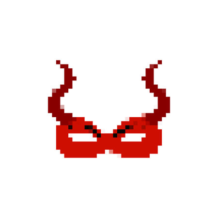 Red pixel art mask with devil horns, featuring a bold mosaic design and dark expressive details.