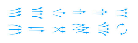 Blue arrows displaying diverse flows, symbolizing motion and air movement. straight, curved, or diverging.のイラスト素材