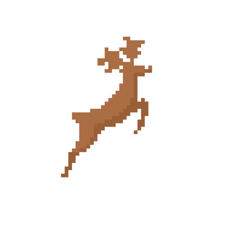 Pixel art featuring a leaping deer in mosaic style, capturing a retro aesthetic in brown tones.のイラスト素材