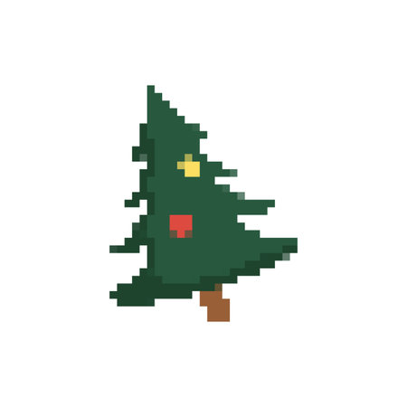 A pixel art christmas tree icon in mosaic style, decorated with colorful ornaments for a festive look.のイラスト素材