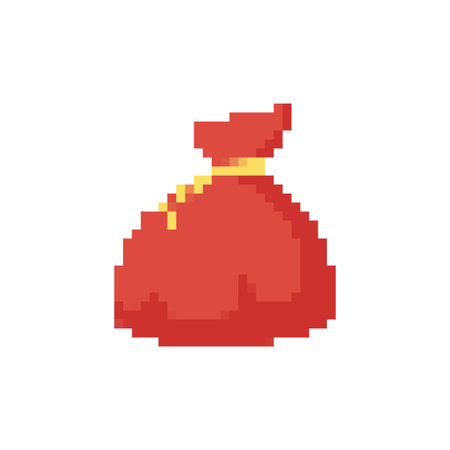 A pixel art red santa sack with a yellow tied string, representing festive gift storage.のイラスト素材