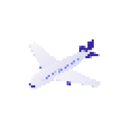 Mosaic pixel art airplane icon in cartoon style with blue and white design. simple and colorful look.のイラスト素材