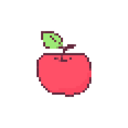 Bright red apple icon in pixel art style featuring a green leaf on top, showcasing retro charm.のイラスト素材