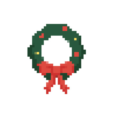 A holiday wreath in pixel art features a red bow and festive details in a charming mosaic style.のイラスト素材