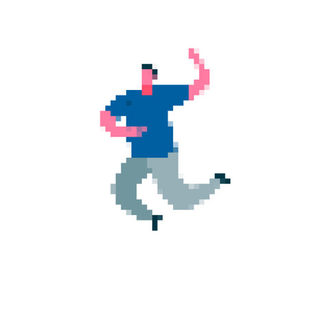 Colorful mosaic pixel art character jumps with one arm raised, wearing a blue shirt, gray pants.のイラスト素材
